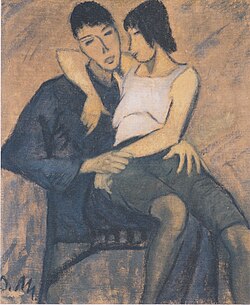 Two Lovers (Liebespaar) by Otto Mueller, circa 1914, glue paint on plucking, 101.5 x 83.5 cm