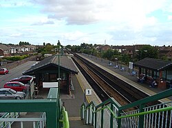 Brough station, East Riding of Yorkshire, England. Platform 1 is for trains north and eastbound (down), platform 2 is for trains south and westbound (up)[1]