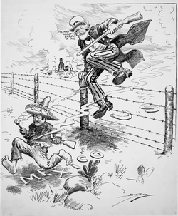 A cartoon depicting Uncle Sam entering Mexico in 1916 to punish Pancho Villa with Uncle Sam saying, "I've had about enough of this."