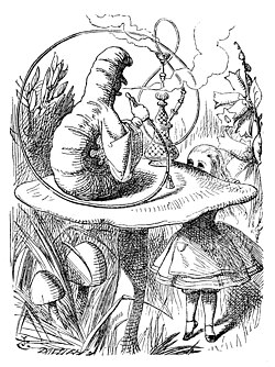 Alice meets the caterpillar. Illustration by Sir John Tenniel in Lewis Carroll's Alice in Wonderland, c. 1865