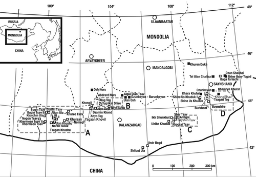 Cretaceous-aged dinosaur fossil localities of Mongolia; Saichania fossils were collected in area A
