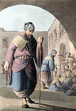 Artist depiction of Maronite monk and pilgrims, Mount Lebanon