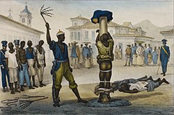 Execution of the Punishment of the Whip by Jean-Baptiste Debret. Nearly 5 million enslaved Africans were imported to Brazil during the Atlantic slave trade, more than any other country.[62]