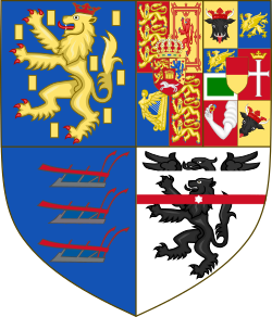 The university's coat of arms, featuring four quarters, a reference to the shields of the House of Orange-Nassau (for William III of Orange and England, New Jersey, Queen Charlotte of Mecklenburg-Strelitz, and Henry Rutgers[23]