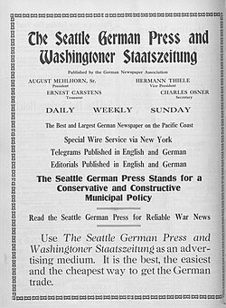 A full-page ad in Seattle magazine The Town Crier (August 7, 1915) promotes the city's two German-American newspapers, one in English and one in German, and promises "Reliable War News".