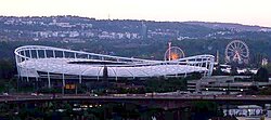 VfB Stuttgart's home ground, the MHPArena in Bad Cannstatt. In the background: the Stuttgart Spring Festival.