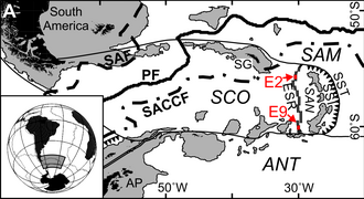 The Scotia plate (SCO) bounded by the Antarctic plate (ANT), the South Sandwich plate (SAN), the South American plate (SAM), and the Shetland plate, seen just above the Antarctic Peninsula (AP).