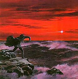 Maglor casts a Silmaril into the Sea by Ted Nasmith, 1997. The painting was used on the front cover of HarperCollins's illustrated edition of The Silmarillion in 1999.[2]