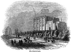 A mid-19th-century engraving of Norwich Castle from Charles Knight's Old England: A Pictorial Museum (1845).