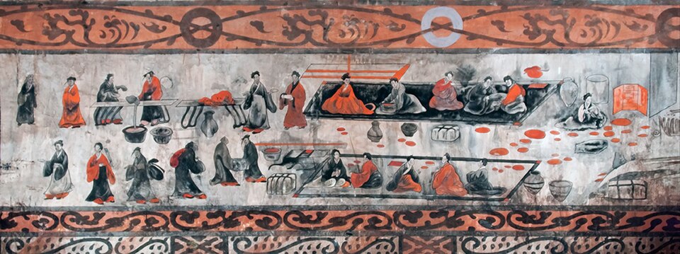 A late Eastern Han mural in a tomb, showing lively scenes of a banquet (yànyǐn 宴飲), dance and music (wǔyuè 舞樂), acrobatics (bǎixì 百戲), and wrestling (xiāngbū 相撲), from the Dahuting tomb in Zhengzhou, Henan