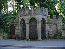 This rather ornate spring well is in the village of Quarndon. A plaque inside the well bears the following inscription: "17th century chalybeate spring well. Once famous spa noted for medicinal waters containing iron. Visited by Daniel Defoe in 1727."