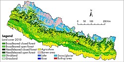 This land cover map of Nepal using Landsat 30 m (2010) data shows forest cover as the dominant type of land cover in Nepal.[97]