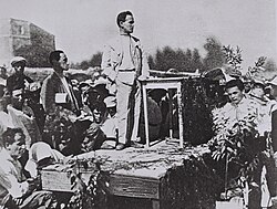 Ben Gurion speaking at the cornerstone laying ceremony for Histadrut building in Jerusalem, 1924