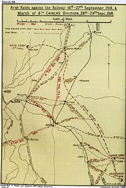 Map 38 shows attacks on the Hejaz railway between 16 and 23 September. South of Jabir a bridge was destroyed, another bridge north of Deraa at Tell Arar was destroyed, 4 miles (6.4 km) of rail line was cut. The Muzeirib Station north east of Deraa (apparently on a redundant French railway) was burnt. A bridge at Nasib was destroyed and another bridge south of Jabir was burnt