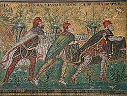The Three Magi: Balthasar, Melchior, and Gaspar, from a late-6th-century mosaic at the Basilica of Sant'Apollinare Nuovo in Ravenna, Italy