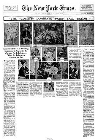 The "Cubists" Dominate Paris' Fall Salon, The New York Times, October 8, 1911. Picasso's 1908 Seated Woman (Meditation) is reproduced along with a photograph of the artist in his studio (upper left). Metzinger's Baigneuses (1908–09) is reproduced top right. Also reproduced are works by Derain, Matisse, Friesz, Herbin, and a photo of Braque.