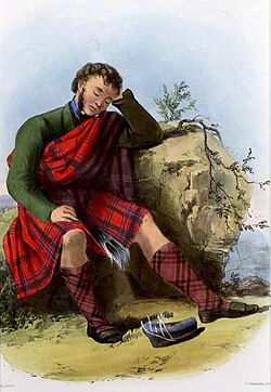 A Victorian era, romanticised depiction of a member of the clan by R. R. McIan, from The Clans of the Scottish Highlands, published in 1845