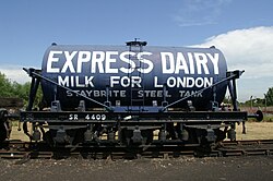 Preserved Express Dairies three-axle milk tank wagon at the Didcot Railway Centre, based on an SR chassis