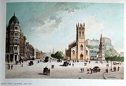 1889 view looking east along Princes Street, with the church to the right in front of St Cuthbert's Church and Edinburgh Castle