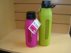 Glass water bottle with protective silicone sleeve