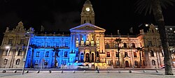 Cape Town City hall lit up in the colours of the Ukrainian flag as a gesture of solidarity with the country.