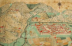 Celje, pictured in 1750. The Voglajna River can be seen on the left, flowing into the Savinja. The island district is called Otok (Slovene for 'island').