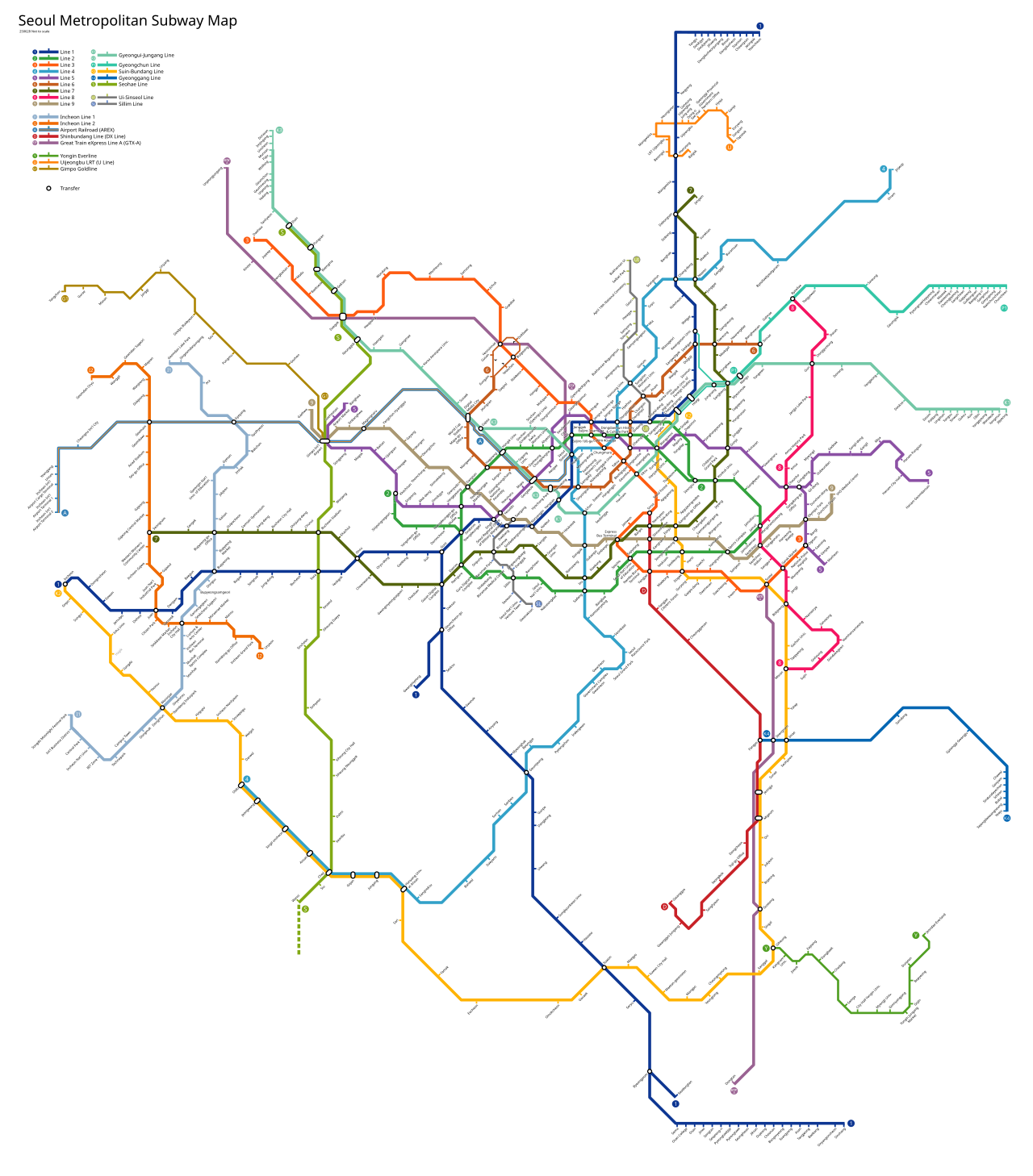 System map of the Seoul Metropolitan Subway, showing current lines