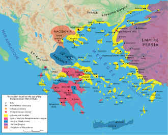 Macedon (orange) during the Peloponnesian War around 431 BC, with Athens and the Delian League (yellow), Sparta and Peloponnesian League (red), independent states (blue), and the Persian Achaemenid Empire (purple)