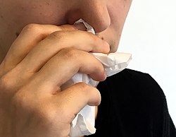 A person holding a tissue to their nose.