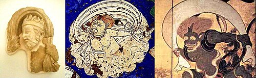 Iconographical evolution of the Wind God. Left: Greek Wind God from Hadda, 2nd century. Middle: Wind God from Kizil, Tarim Basin, 7th century. Right: Japanese Wind God Fujin, 17th century.