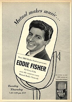 Newspaper advertisement for Eddie Fisher's radio show on the Mutual Broadcasting System in 1954.
