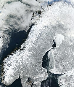 A satellite image of continental Norway and nearby countries in winter
