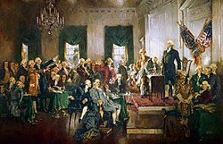 The September 17, 1787 signing of the United States Constitution at Independence Hall in Philadelphia depicted in Howard Chandler Christy's 1940 painting, Scene at the Signing of the Constitution of the United States