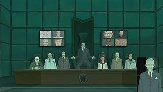 The Tribunal in their meeting room in Season 1. Extreme left: General Crozier; Center: Mr. Salacia; Right of center: Cardinal Ravenwood; Inset: Senator Stampingston.
