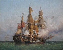 The French privateer Confiance (right) boarding the British East Indiaman Kent on 7 October 1800