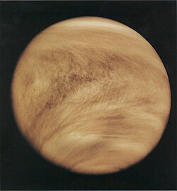 As seen in the ultraviolet, Venus is striped by light and dark areas indicating the abundance of an unknown absorber in the planet's top cloud layer. UV image obtained by the Pioneer Venus Orbiter in 1979
