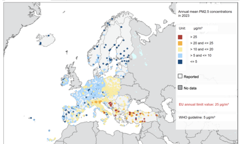 Map of annual mean PM2.5 concentrations in 2023, European Environment Agency[452]