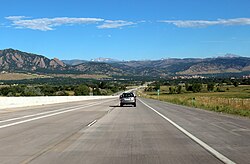 The city from northbound US 36 as the highway descends into Boulder