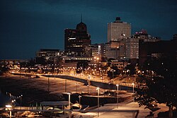 The downtown skyline at night in 2015