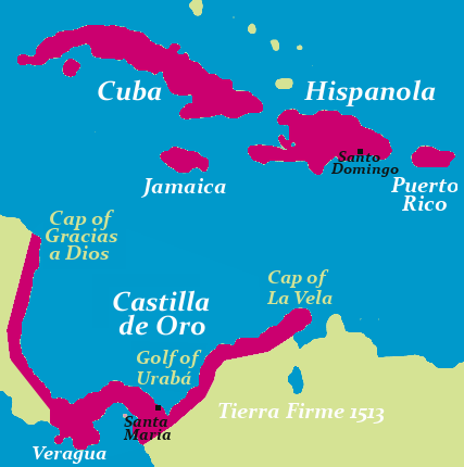 Spanish territories in the New World around 1515. The island of Hispaniola belonged entirely to Spain until 1605, when Spain lost the western part of the island due to the devastations of Osorio.[44][45]
