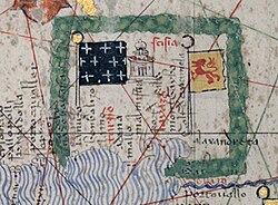 Armenian Cilicia on the Catalan Atlas (1375) appears heavily fortified within green walls, with its ports and flags ( ) clearly visible.[42][43][44]
