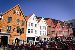 Bryggen in Bergen, once the centre of trade in Norway under the Hanseatic League trade network, now preserved as a World Heritage Site