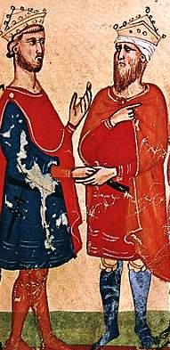 Frederick II (left) meets al-Kamil (right). Nuova Cronica by Giovanni Villani (14th century).