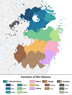 Map of Wu subgroups. The Shanghainese branch shown in blue-green.