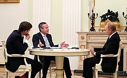 Barber and the Financial Times' Henry Foy interviewing Russian president Vladimir Putin in 2019