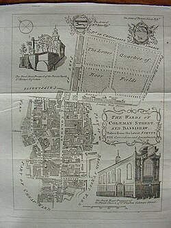 1754 map showing Basinghall Street and surrounding area