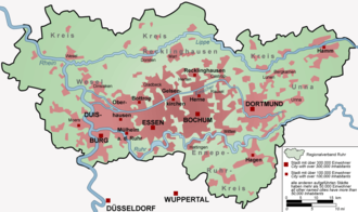 Map of the Ruhr area: In green is the Ruhr by a narrow definition, comprising municipalities that are members of the Ruhr regional institution.