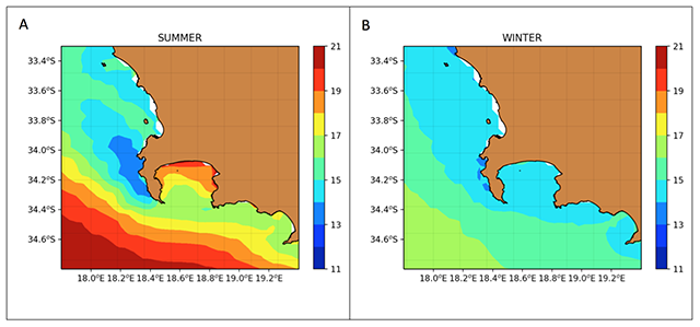 Charts of sea surface temperature in and near False Bay in summer and winter[92]