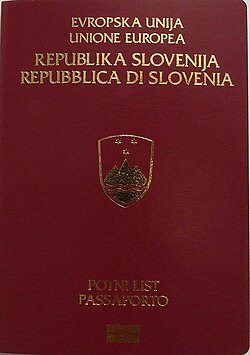 Front cover of a bilingual passport in Slovene and Italian