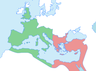 A map showing the Western and Eastern Roman empires c. 395, divided in the Balkans and North Africa